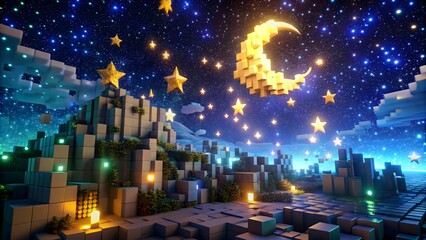 A voxel-style night sky filled with twinkling stars and a pixelated moon
