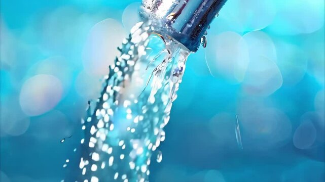 Water is flowing from a faucet, creating droplets against a blurred blue background.