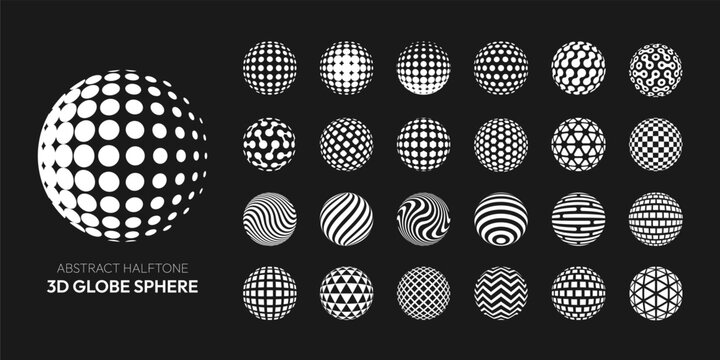 Halftone globe 3D sphere. Dotted, striped, geometric spheres. Hexagon, triangle dot rounded shape. Halftone circles pattern. Textured ball vector set