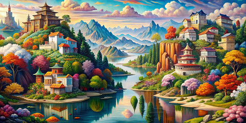 Fototapeta premium vibrant landscape featuring colorful mountains, serene lakes, and picturesque villages. scene is filled with lush trees and blooming flowers, creating peaceful and harmonious atmosphere