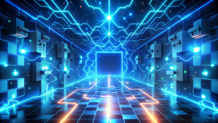 futuristic corridor illuminated by electric blue lights creates mesmerizing atmosphere, evoking sense of adventure and exploration in digital realm