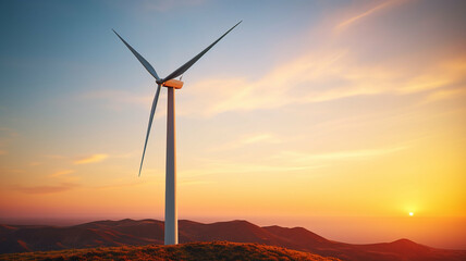Obraz premium Wind turbine standing on a hill during a beautiful sunset, symbolizing renewable energy and sustainability in a serene natural landscape.