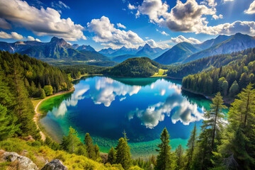 Obraz premium stunning panoramic view of serene lake surrounded by majestic mountains and lush forests, reflecting vibrant blue sky and fluffy clouds. tranquil atmosphere invites peace and relaxation