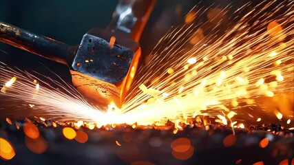 A hammer striking metal, creating sparks and molten metal, showcasing a blacksmithing or metalworking process.