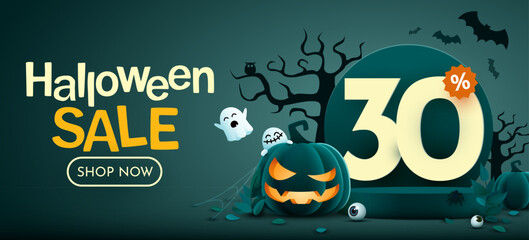 30 percents off. Halloween sale banner template. Podium and numbers with amount of discount. Special October offer.