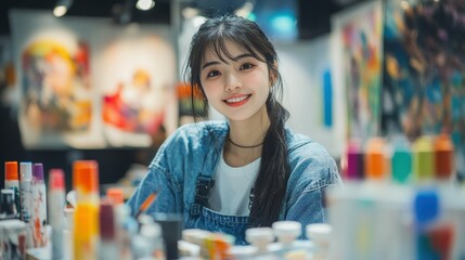 An Asian artist sketching, with a minimalist white background and a touch of color splashes