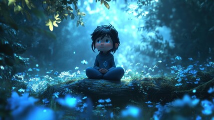 A whimsical 3D illustration of a young Sami character sitting on a log, surrounded by a lush, blue-hued forest background