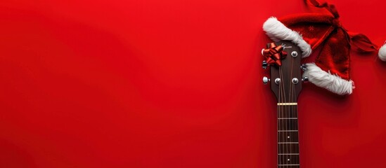 View of guitar with red ribbon and santa hat on red background