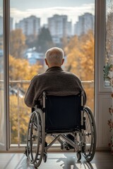 An elderly man in a wheelchair spends time alone in his apartment.