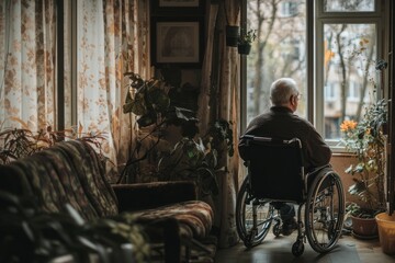 An elderly man in a wheelchair spends time alone in his house.