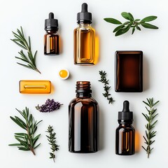 Essential oils and herbs arranged on a white background for aromatherapy and natural wellness.