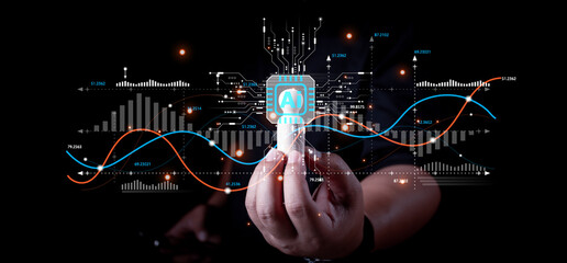 Businessman interact with AI artificial intelligence brain processor in concept of AI artificial intelligence engineering, big data and AI machine learning to use generative AI for business support.