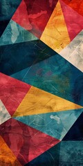 A colorful abstract geometric background featuring vibrant triangular patterns in red, blue, yellow, and green tones with a textured finish.