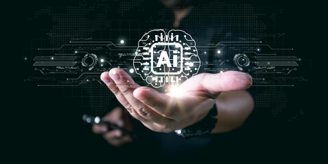 Businessman interact with AI artificial intelligence brain processor in concept of AI artificial intelligence engineering, big data and AI machine learning to use generative AI for business support.