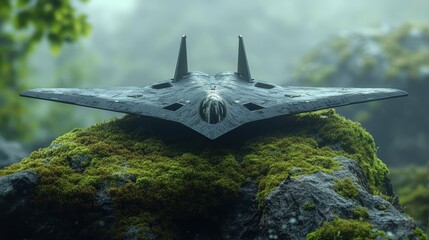 Detailed textured model of a cutting-edge stealth bomber aircraft perched on a organic, moss-covered base