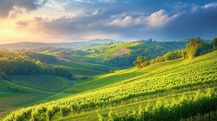 Fototapeta premium Scenic view of lush vineyards in rolling hills during golden hour in the countryside