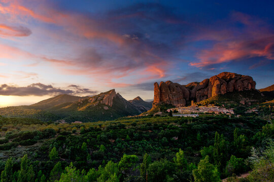 Mallos de Aguero rocks at sunset, Huesca province, Spain.