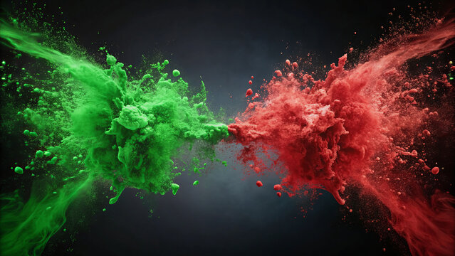 Vibrant green and red powder bursts collide in dramatic display, creating striking visual contrast. dynamic explosion of colors evokes sense of energy and conflict