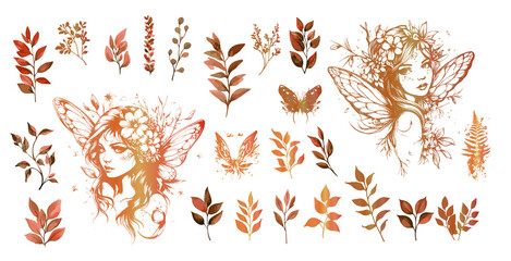 Magical Fairies - Silhouettes of little fairy girls surrounded by plants illustrations. Various grasses and plants for magical fairy kingdoms. Fantasy characters for magical designs. 