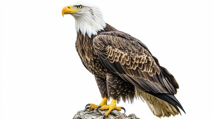 Obraz premium Majestic Bald Eagle in Regal Pose on White Background - Symbol of Strength and Freedom