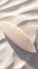 Minimalist Surfboard on Sandy Beach, serene coastal scene, gentle waves, tranquil atmosphere, soft colors, inviting simplicity