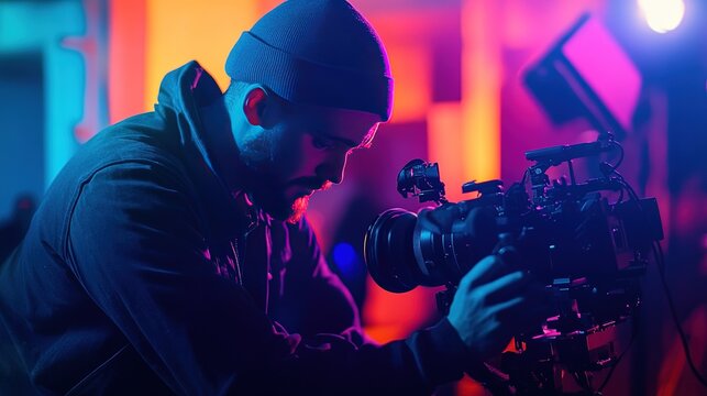 A filmmaker adjusts camera settings in a vibrant, illuminated studio during a captivating night shoot