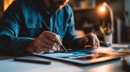 Creative digital artist working on a colorful design project at night using a tablet and computer in a modern workspace