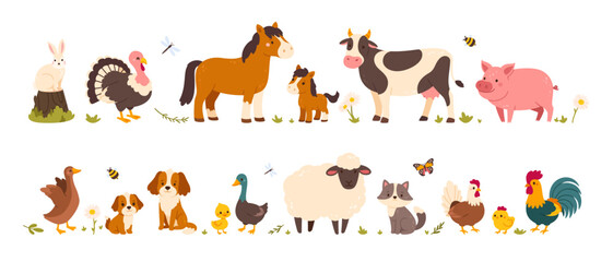 Farm animals. Cartoon domestic pets. Cute countryside livestock. Adorable cow, pig, horse, cat, chicken dog, sheep. Funny birds and animals vector set