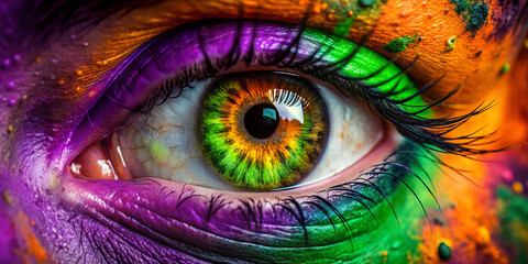 Vibrant eye with colorful makeup featuring orange, green, and purple hues, showcasing artistic expression and intensity. intricate details highlight beauty of creativity