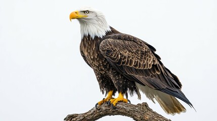 Obraz premium A regal bald eagle perched proudly, detailed with strength and precision, on a clean white backdrop
