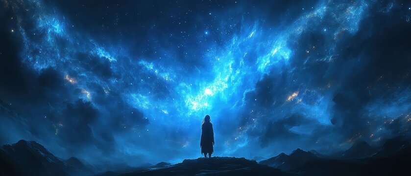 A lone Sami figure gazing up at a blue-tinted night sky, the dreamlike background creating a sense of wonder and imagination
