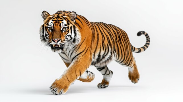 A fierce tiger stalking through a powerful, dynamic pose, on a stark white background