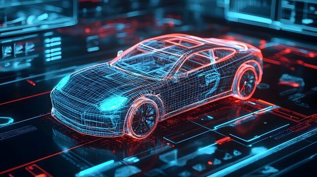 Futuristic digital twin of a vehicle displayed on a simulated dashboard interface with layered data and analytics visualizations  Concept of smart connected and intelligent automotive technology - Powered by Adobe