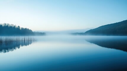 Fototapeta premium Calm morning at a serene lake surrounded by misty mountains and tall reeds in early dawn light