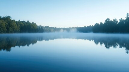 Fototapeta premium Calm morning at a serene lake surrounded by misty mountains and tall reeds in early dawn light