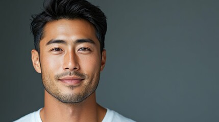 Obraz premium A calm Asian man with a gentle smile, set against a plain taupe background