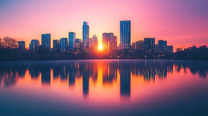 Fototapeta premium Sunset over the Yarra River showcasing Melbourne's skyline and vibrant reflections