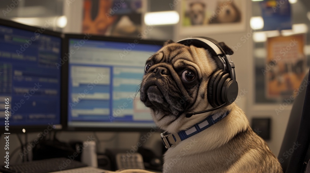Poster A pug is sitting in an office chair, wearing headphones and looking at the camera. It is sitting at a desk with two computer monitors behind it. There is a keyboard in front of the dog.