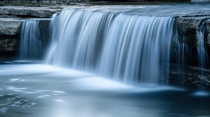 Obraz premium A tranquil waterfall cascading over rocks into a serene pool beneath a misty forest canopy in the early morning light