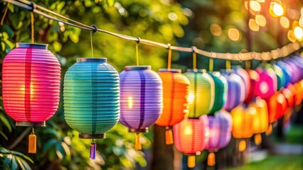 Colorful paper lanterns hanging in a row outdoors , outdoor decor, vibrant, festive, Asian, decoration