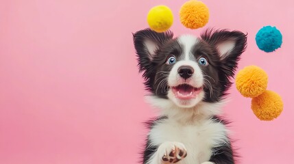 Happy puppy playing with colorful pom-poms on a pink background.