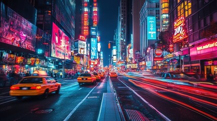 Fototapeta premium Vibrant nightlife in Times Square with bustling traffic and neon lights illuminating the street