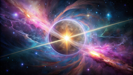 Obraz premium stunning cosmic scene featuring vibrant nebula with swirling colors of pink, blue, and purple, illuminated by bright star at its center, evoking sense of wonder and exploration