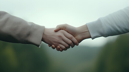 A close-up of a couple holding hands, fingers intertwined, with a soft-focus background of nature.


