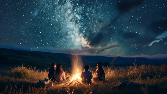 A group of friends gather around a campfire under the Milky Way, enjoying a night out in the wilderness