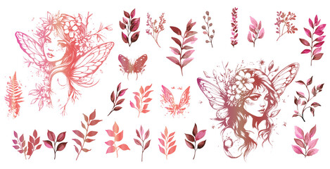 Magical Fairies - Silhouettes of little fairy girls surrounded by plants illustrations. Various grasses and plants for magical fairy kingdoms. Fantasy characters for magical designs. 