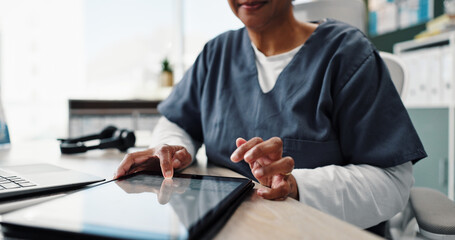 Hands, nurse and typing on tablet for healthcare research, info and check report in clinic. Screen, tech and closeup of medical worker or person writing on wellness forum, email or update schedule