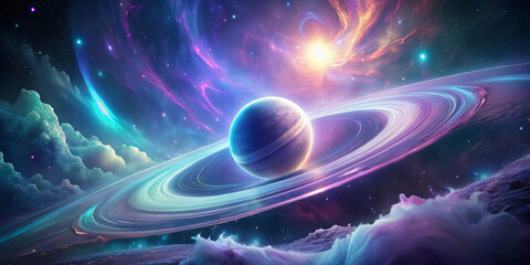 stunning cosmic scene featuring vibrant planet surrounded by colorful rings, set against backdrop of swirling galaxies and nebulae. ethereal beauty evokes sense of wonder and exploration