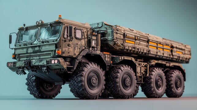 Exaggerated stylized toy version of a heavy-duty amphibious military transporter positioned against a clean, minimalist background