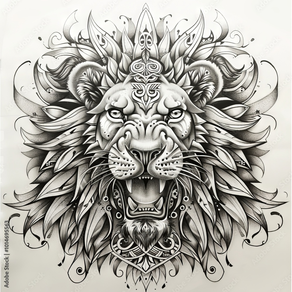 Wall mural Lion head with intricate tribal ornaments portrayed realistically.